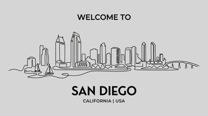 Fototapeta premium San Diego Skyline Outline: Cityscape Silhouette with Sailboats