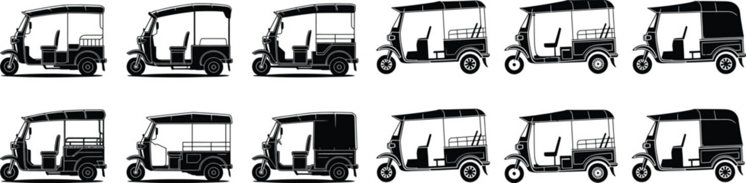 Set of tuk tuk vector illustrations, various styles and angles of three-wheeled auto rickshaws common in southeast asia.
