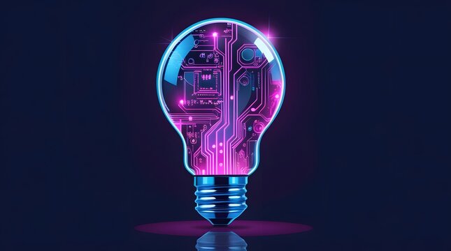 Futuristic digital illustration of a transparent glass light bulb with glowing neon pink and purple circuit board inside, symbolizing innovation and technology on a dark blue background
