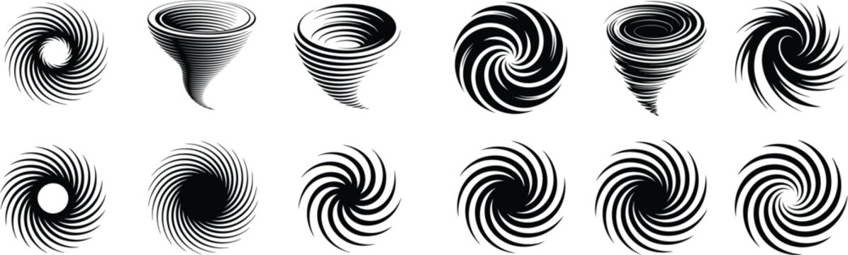Set of abstract vortex icons representing powerful hurricane wind storms and spiral rotation movements for weather forecasts or design projects.
