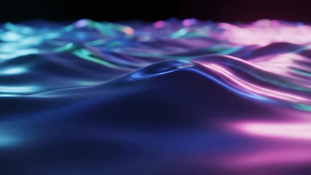 Shimmering ripples of liquid metal reflect vibrant neon hues of deep violet and electric cyan, creating an ethereal, flowing surface that seems to pulse with otherworldly luminescence