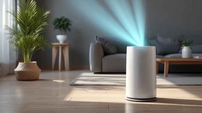 Air purifier in stylish living space with blue light effect