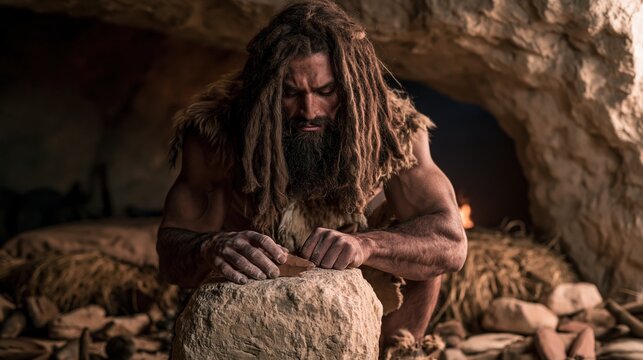 Ancient Craftsman Carving Tools in Cave