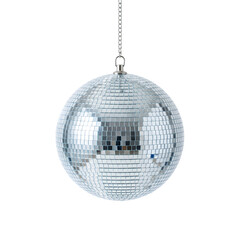 Fototapeta premium Shiny reflective silver disco ball with metal hanging chain for night club party celebration festive decoration concept isolated on transparent background