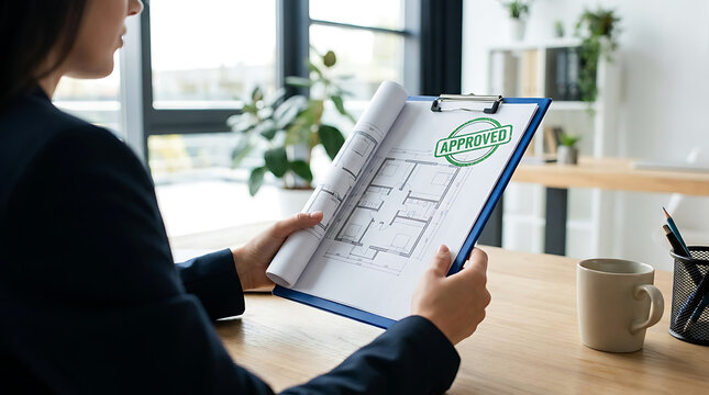 A person reviewing architectural floor plans with an approved stamp in a modern office setting
