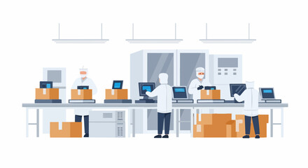 Fototapeta premium Modern Industrial Assembly Line with Workers in Protective Suits Packaging Goods in a High-Tech Factory Vector