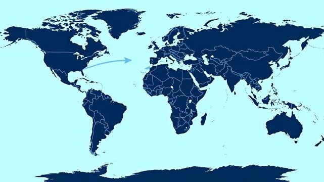 Blue world map on pale blue background, showing an arrow across the Atlantic ocean