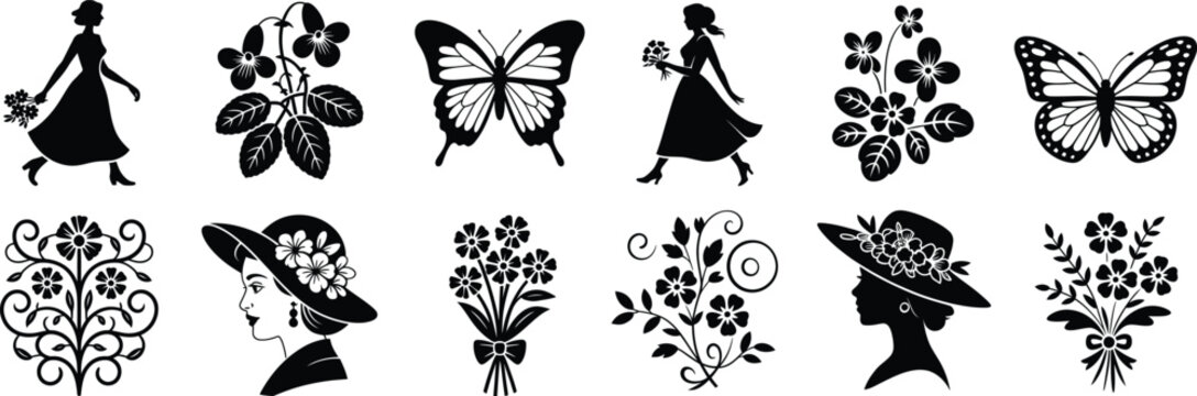 Collection of female silhouettes flowers and butterfly icons for elegant feminine design projects beauty salon fashion decor and lifestyle art.