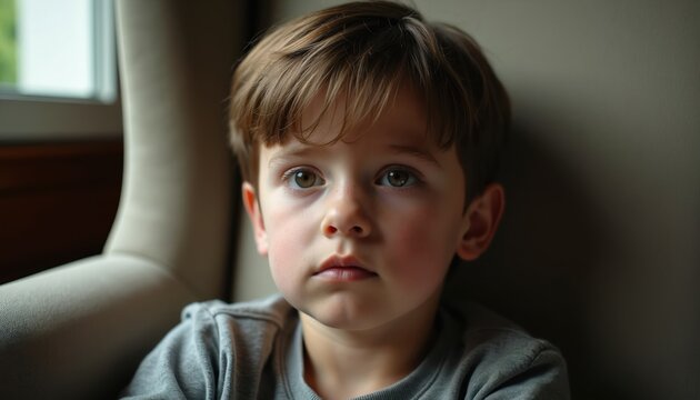 Young boy sits in armchair looking seriously out window. Natural light illuminates quiet indoor mood and thoughtful childs gaze. Peaceful moment captured with detail.