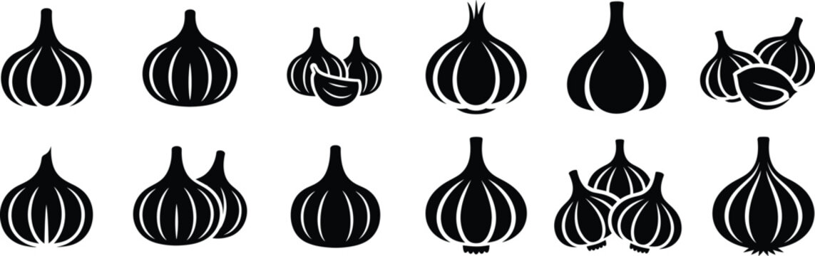 Set of black and white garlic icons perfect for culinary designs healthy food illustrations and cooking-themed graphics.