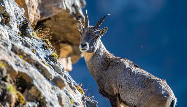 Himalayan blue sheep balancing on rocky cliff edge in mountain wilderness