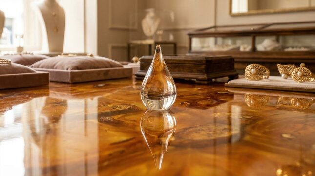 A clear polished amber resin floor with a reflective glass drop objet d'art centered on a warm, textured surface within an indoor display setting.