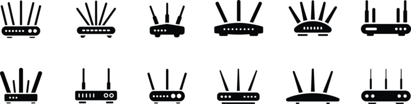 Set of wireless network router icons black silhouettes for internet technology and connectivity concept simple glyphs isolated on transparent base.