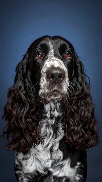 Elegant black and white cocker spaniel portrait against blue backdrop