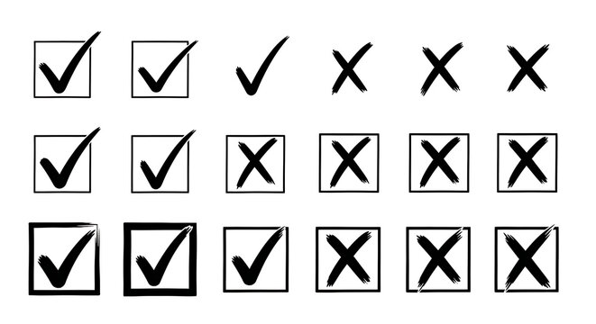 Collection of hand drawn checkmarks and cross mark symbols in boxes with checkbox validation selection