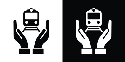 Two hands protecting a train engine icon. Perfect for public transportation safety, transit insurance, railway cargo logistics, and sustainable travel protection vector graphics. © bibin