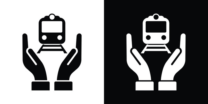 Two hands protecting a train engine icon. Perfect for public transportation safety, transit insurance, railway cargo logistics, and sustainable travel protection vector graphics.