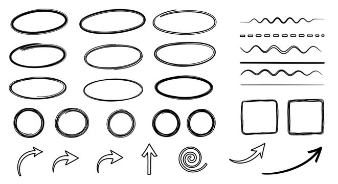 Set of hand-drawn sketched ovals arrows lines square frames for design highlights with highlight scribble collection ornament direction