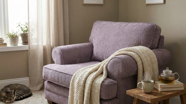 Upholstered Armchair with Plush Chenille Fabric and Cozy Throw in a Comfortable Living Room Setting