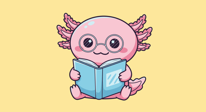 Cute kawaii axolotl wearing glasses reading a blue book flat vector illustration on yellow background