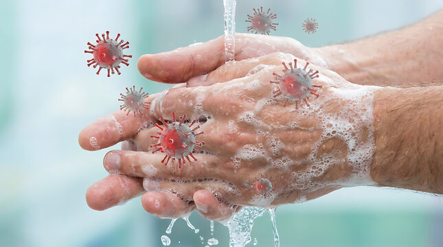 Washing hands with soap and water to prevent the spread of viruses and germs