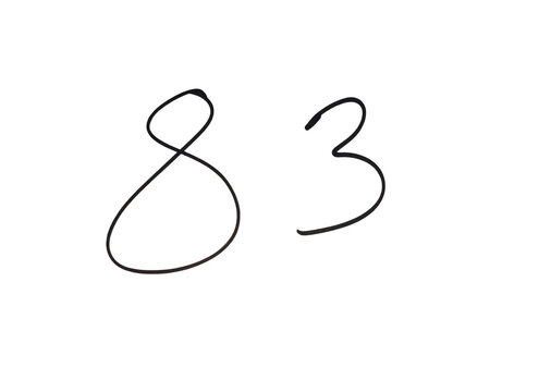 Handwritten black number eighty three on paper