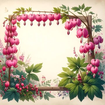 Elegant frame of bleeding heart flowers with green leaves and copy space