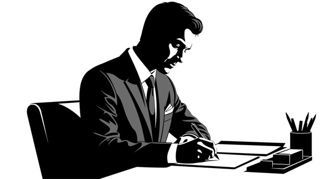 Successful businessman in formal suit sitting at desk signing contract or writing important document in professional office black white illustration.
