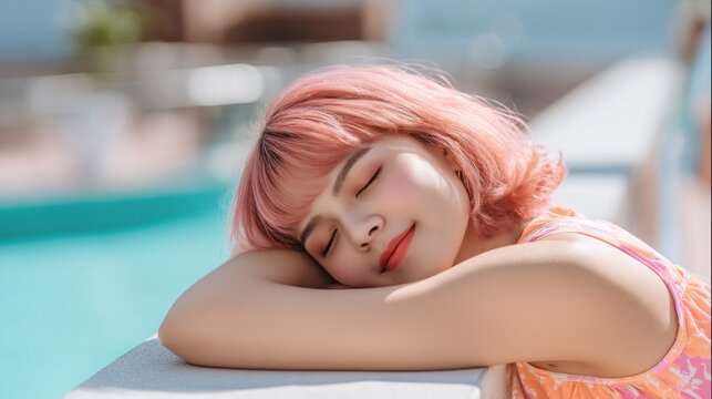 Girl with short pink hair sleeps peacefully near blue swimming pool on sunny day
