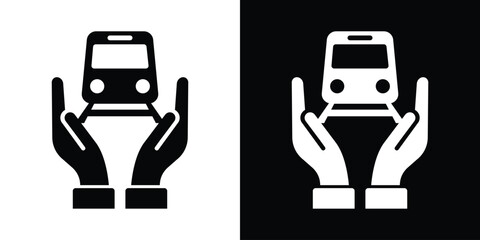 Two hands protecting a train engine icon. Perfect for public transportation safety, transit insurance, railway cargo logistics, and sustainable travel protection vector graphics. © bibin