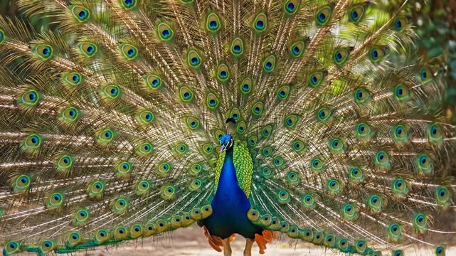 Magnificent Peacock Spreads Tail Feathers in Sanctuary