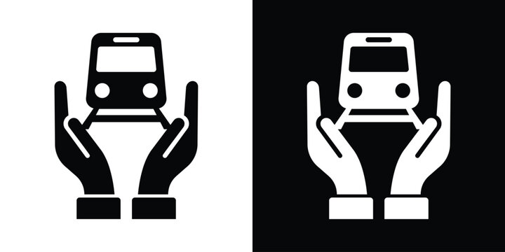 Two hands protecting a train engine icon. Perfect for public transportation safety, transit insurance, railway cargo logistics, and sustainable travel protection vector graphics.