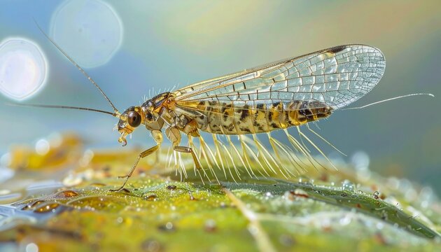 Stonefly nymph with gill cluster on leaf debris in clear freshwater macro detail