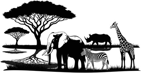African, safari, wildlife, silhouette, collection, featuring, elephant, giraffe, zebra, rhino, acacia, trees, with, water, reflection, on, white, background, vector, © Ahsan