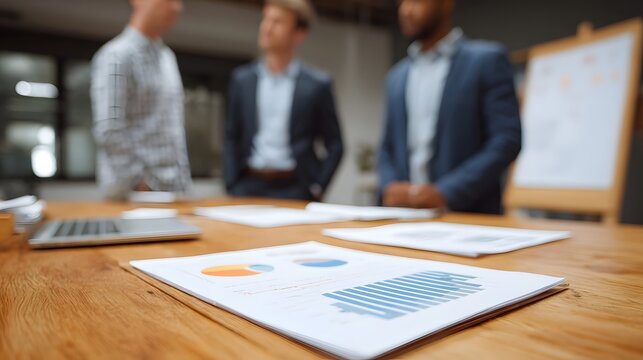 Three professional colleagues collaborate on business strategy and plan organizational goals in a modern office setting