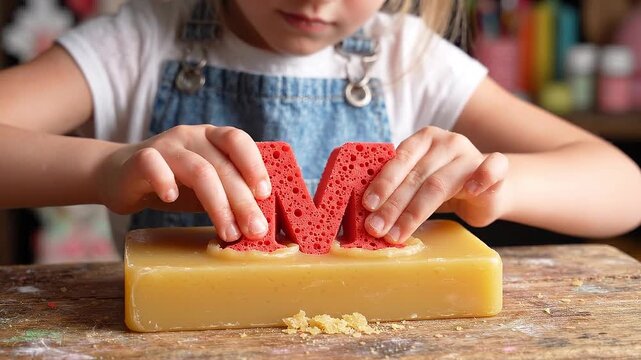 A young childs hands pressing a red sponge letter m onto a large block of yellow soap on a wooden table