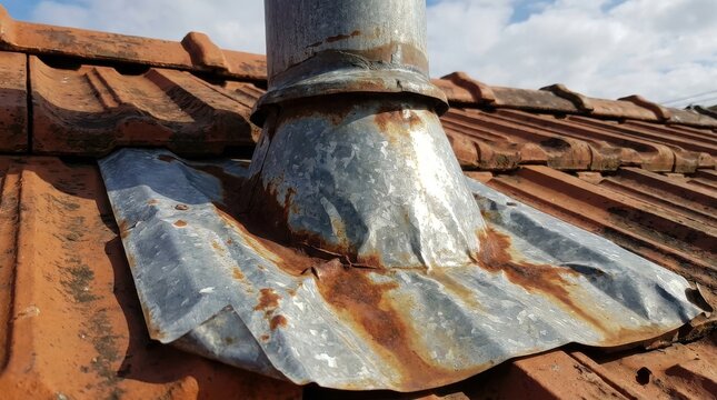 Close-up view of rusty metal flashing around a vent pipe on a tiled roof, showing signs of weathering and corrosion.