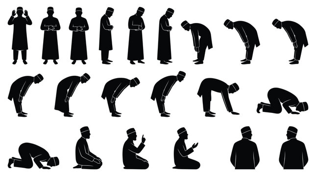 Set of islam prayer positions icons depicting muslim men performing daily salah practice.