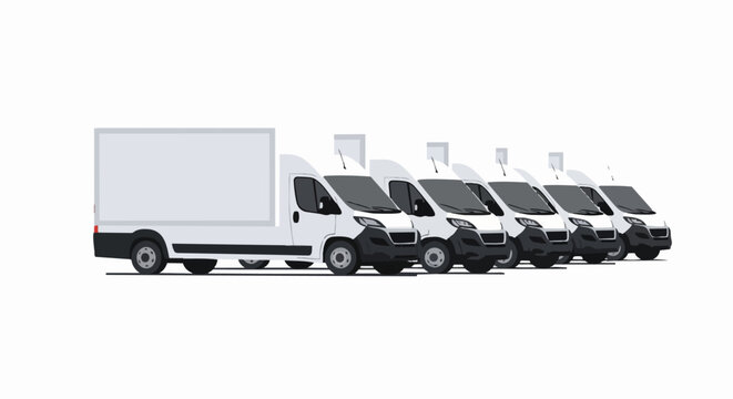 Fleet of Blank White Delivery Vans and Box Trucks for Branding Mockup Isolated on White