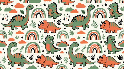 Cute Seamless Pattern with Dinosaurs, Rainbows and Plants for Nursery Decor © Robich Art