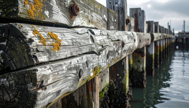 Weathered wooden dock piles with metal fenders in harbor close-up detail rustic texture