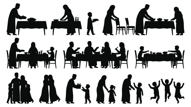Muslim dining etiquette silhouette collection showing family meal preparation and eating.