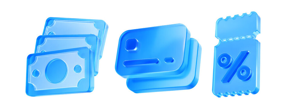 3D render set of blue glass financial icons featuring cash paper money, plastic credit cards, and discount percentage coupon voucher isolated on white background for online retail banking e-commerce.