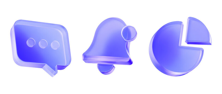 3D render set of translucent purple glass icons containing message chat bubble, notification bell with badge, and business pie chart diagram isolated on white background for user interface analytics.