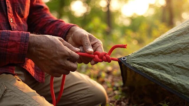 Closeup of a mans hands tying a knot in an orange rope to secure a tent corner in a forest setting