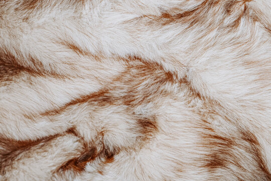 Detailed close up view of soft fluffy faux fur fabric texture with brown and white fibers