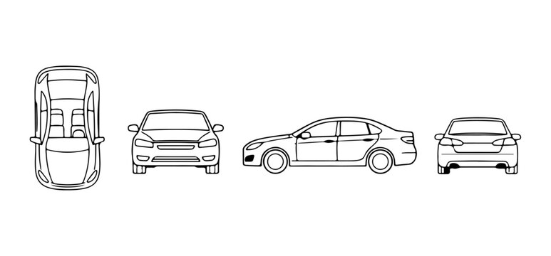 Comprehensive Vector Outline of a Modern Sedan Car Top, Front, Side, and Rear Views for Automotive Design and Diagrammatic Use