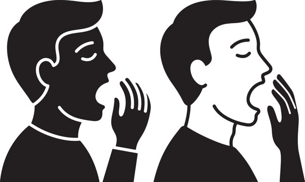 Black and white silhouette icons of yawning people side view hand covering mouth lack of energy low energy feeling tired