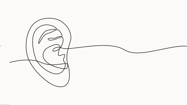 self drawing Human ear continuous one line art drawing, abstract, ear outline, minimalist, vector animation video on White background.