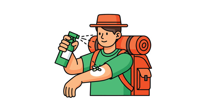 A prepared hiker wearing a hat and carrying a travel pack applies effective bug repellent spray onto skin to prevent annoying insect bites during outdoor adventures in the wild forest summer